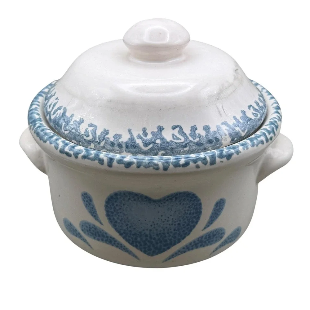 Vintage Country Blue Heart Stoneware Lidded Bean Pot Sugar Bowl Farmhouse Server